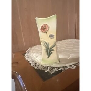 Vintage Rectangular‎ Yellow Green Ceramic 6 Inch Vase With Flowers